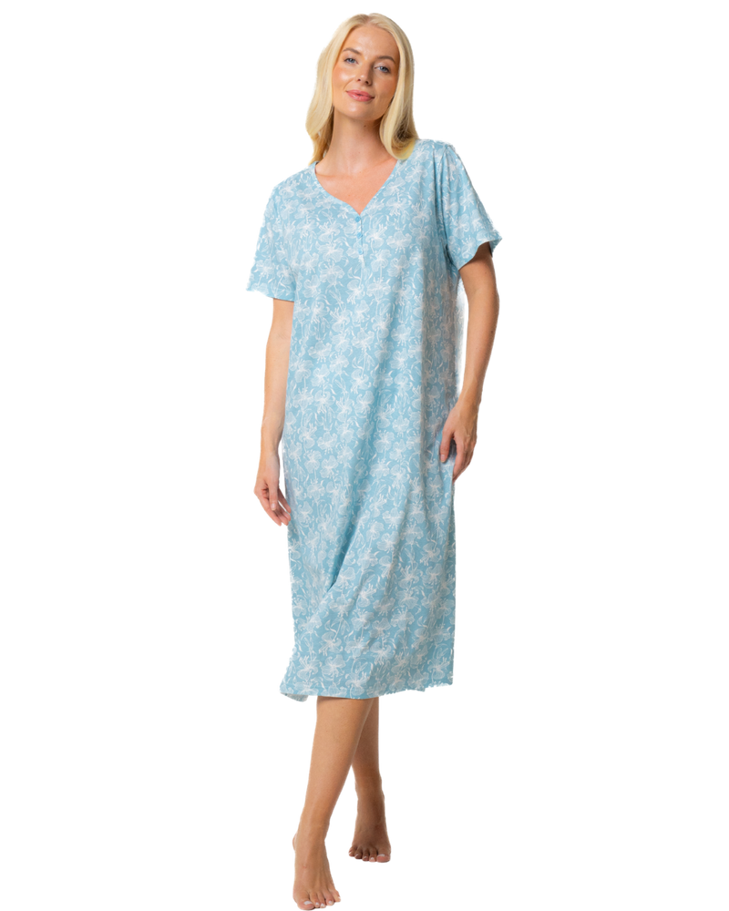 Ladies Long Length 100% Cotton Duck Egg Lily Nightdress