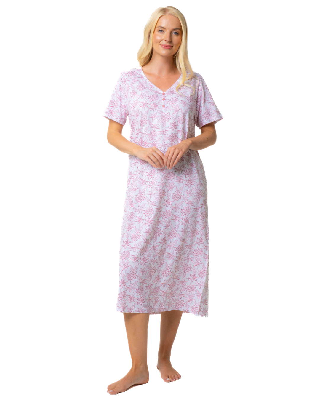 Ladies Long Length 100% Cotton Pink Lotus Nightdress