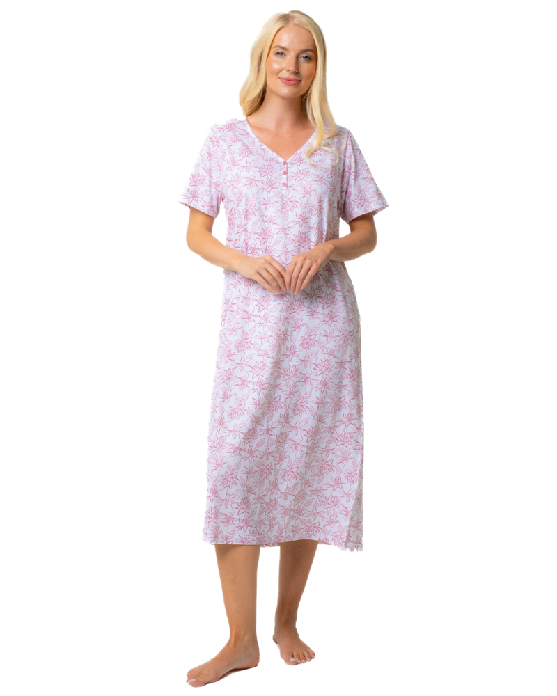 Ladies Long Length 100% Cotton Pink Lotus Nightdress