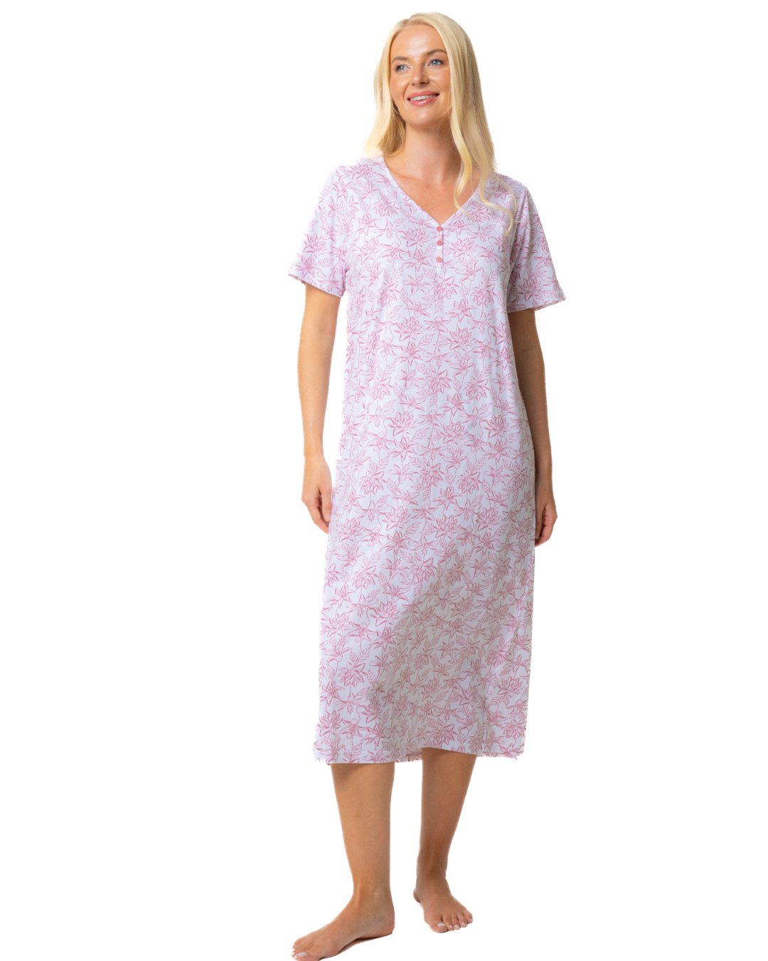 Ladies Long Length 100% Cotton Pink Lotus Nightdress