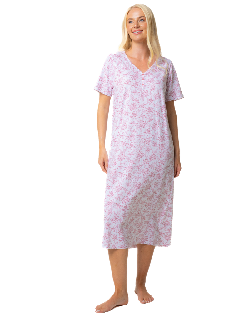 Ladies Long Length 100% Cotton Pink Lotus Nightdress