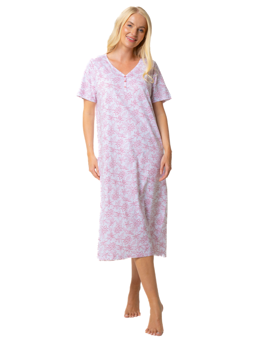 Ladies Long Length 100% Cotton Pink Lotus Nightdress