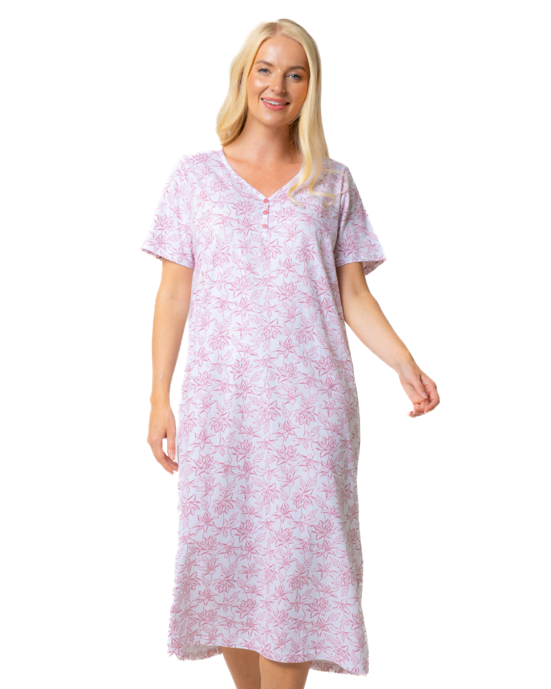 Ladies Long Length 100% Cotton Pink Lotus Nightdress