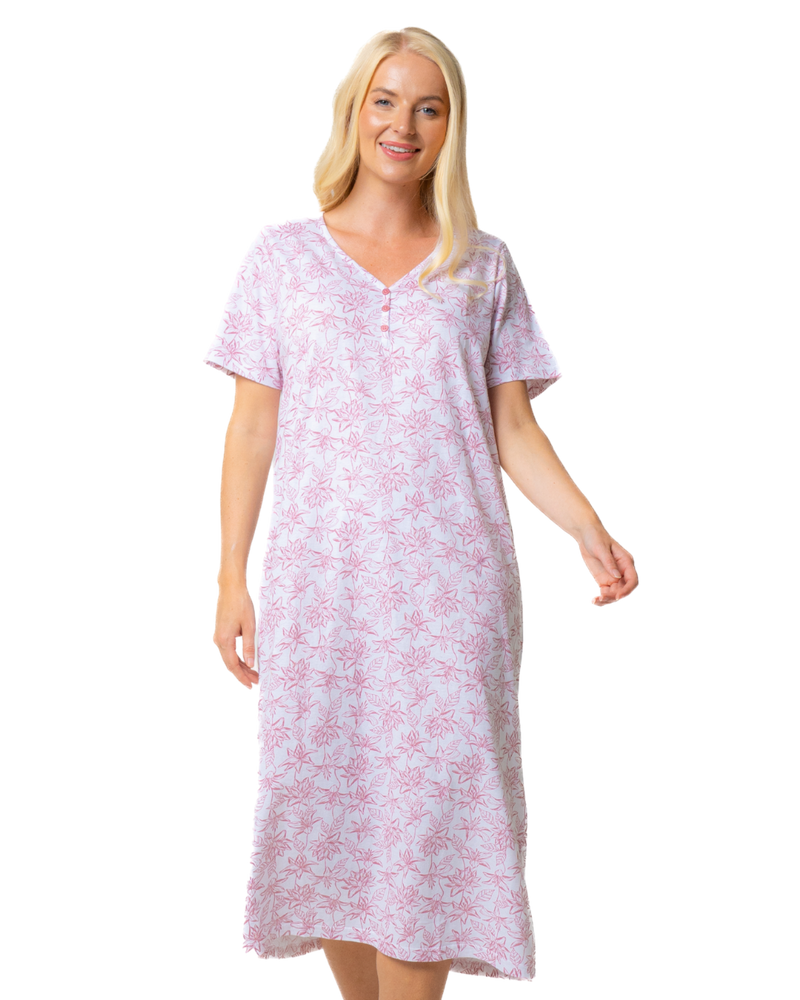 Ladies Long Length 100% Cotton Pink Lotus Nightdress