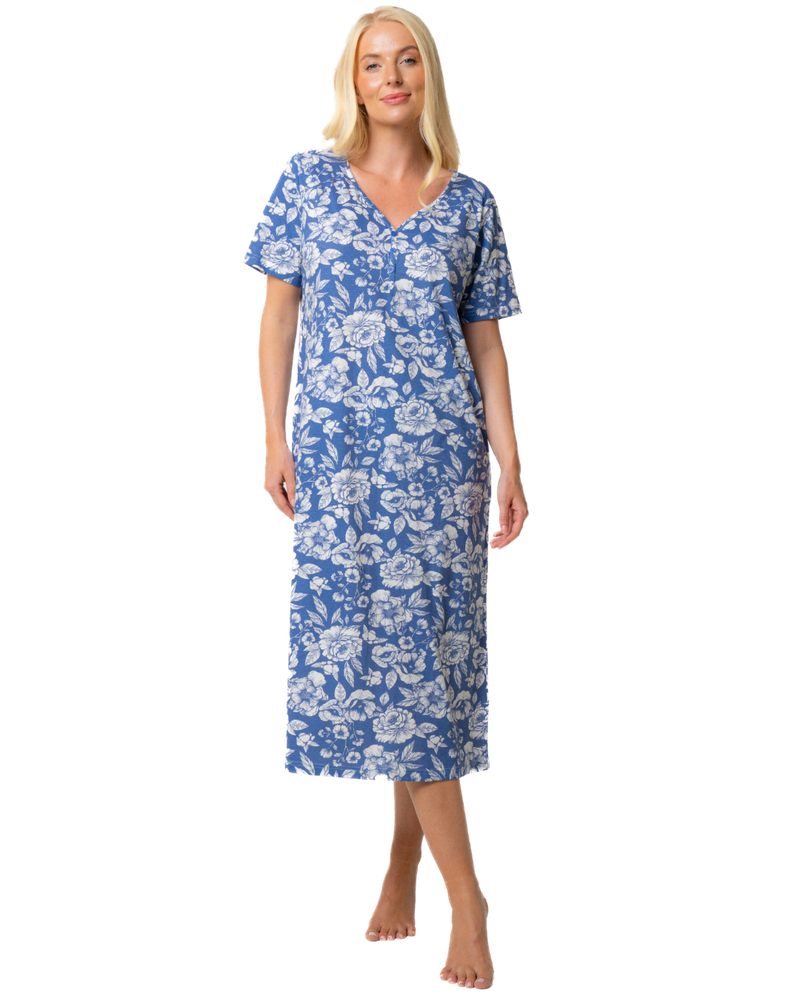 Ladies Long Length 100% Cotton Denim Rose Nightdress