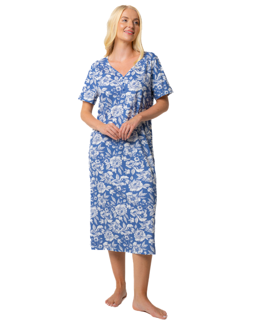 Ladies Long Length 100% Cotton Denim Rose Nightdress