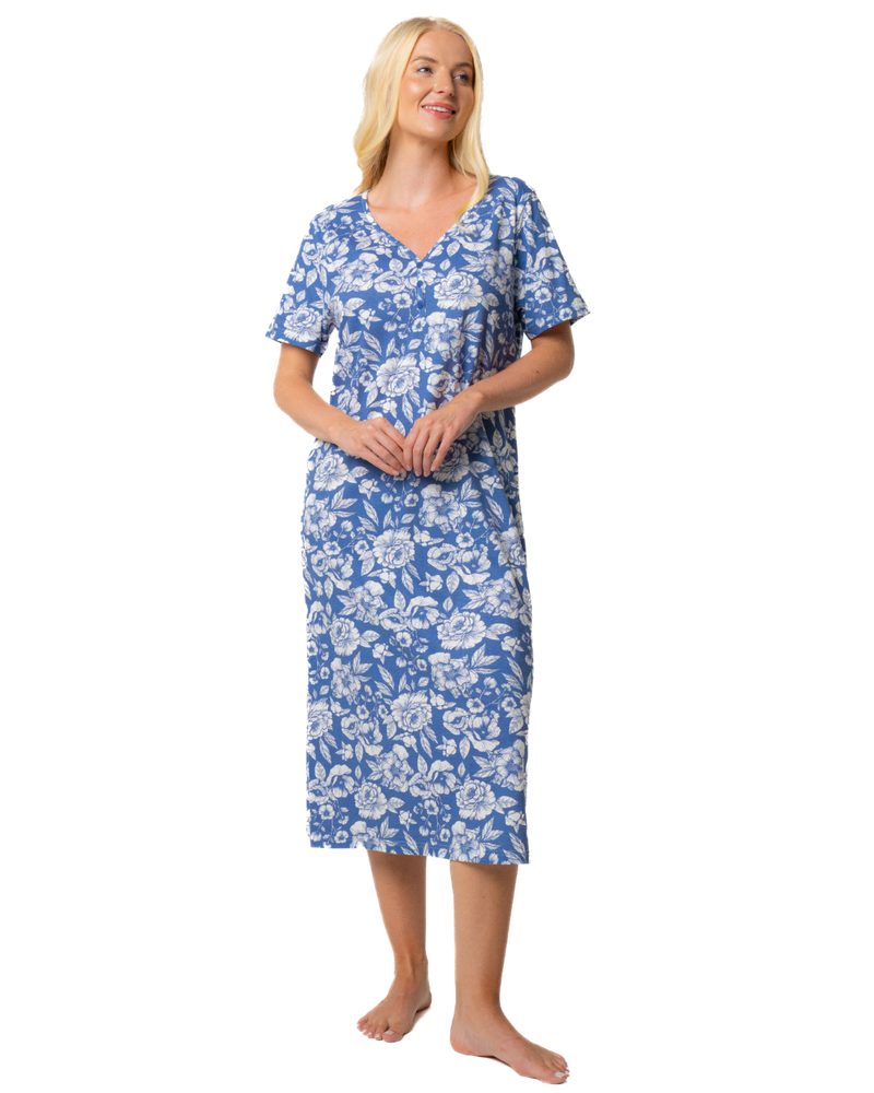 Ladies Long Length 100% Cotton Denim Rose Nightdress