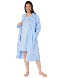 Women's 100% Cotton Lightweight Stripe Zip Dressing Gown with Side Pockets