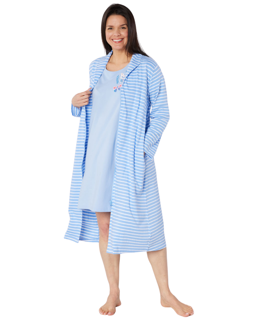 Women's 100% Cotton Lightweight Stripe Zip Dressing Gown with Side Pockets