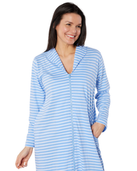 Women's 100% Cotton Lightweight Stripe Zip Dressing Gown with Side Pockets