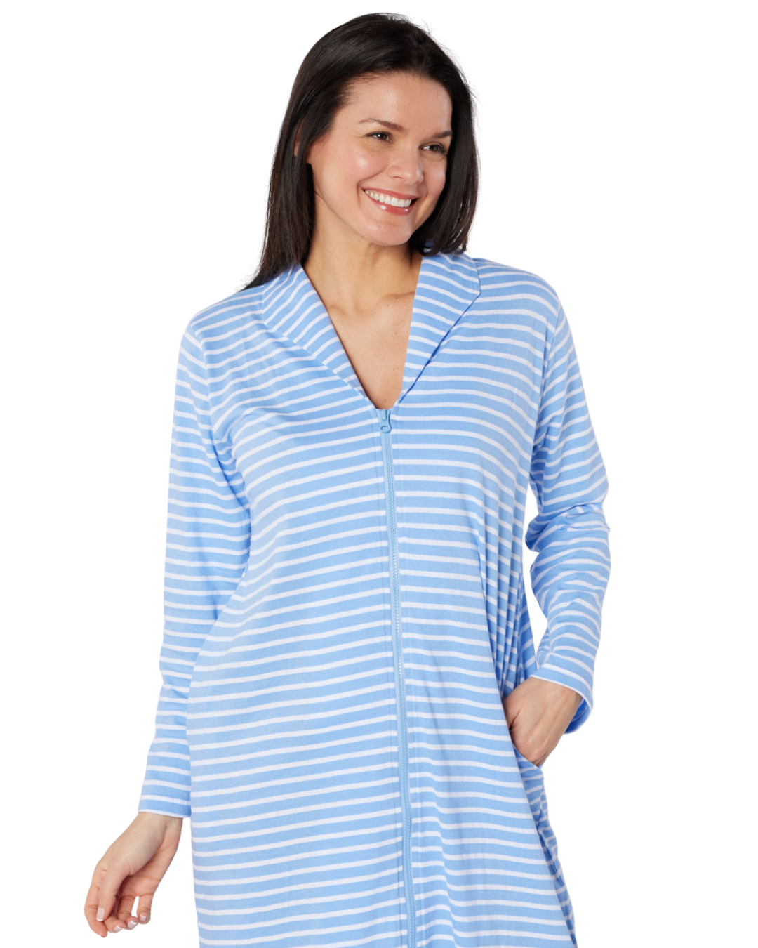 Women's 100% Cotton Lightweight Stripe Zip Dressing Gown with Side Pockets