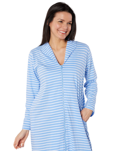 Women's 100% Cotton Lightweight Stripe Zip Dressing Gown with Side Pockets