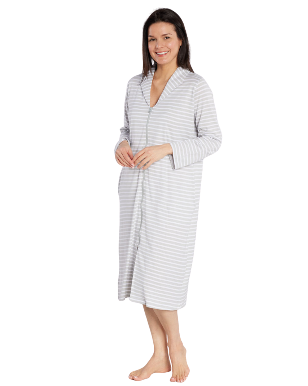 Women's 100% Cotton Lightweight Stripe Zip Dressing Gown with Side Pockets