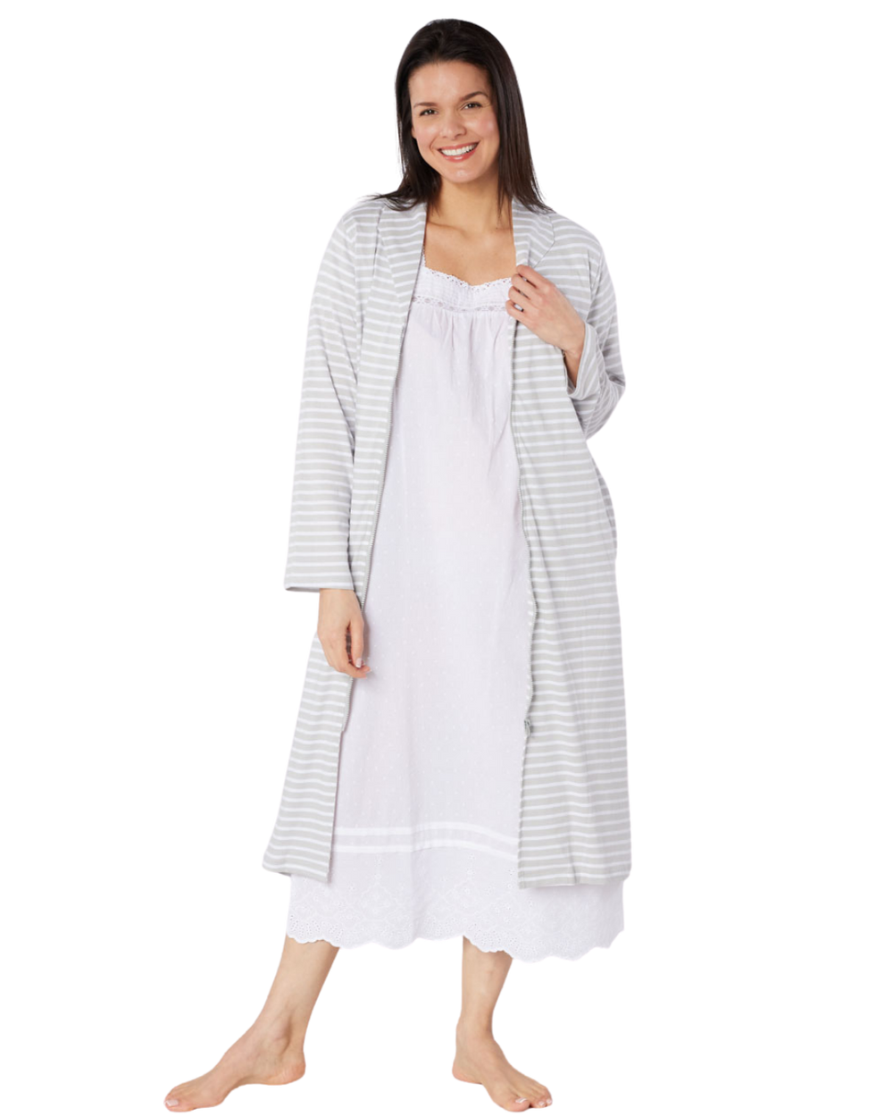 Women's 100% Cotton Lightweight Stripe Zip Dressing Gown with Side Poc ...