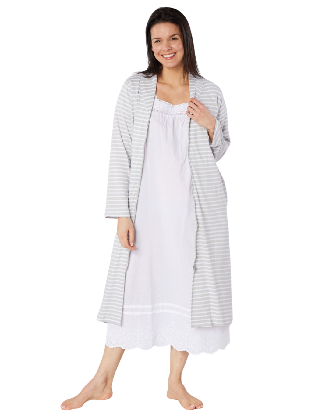 Women's 100% Cotton Lightweight Stripe Zip Dressing Gown with Side Pockets