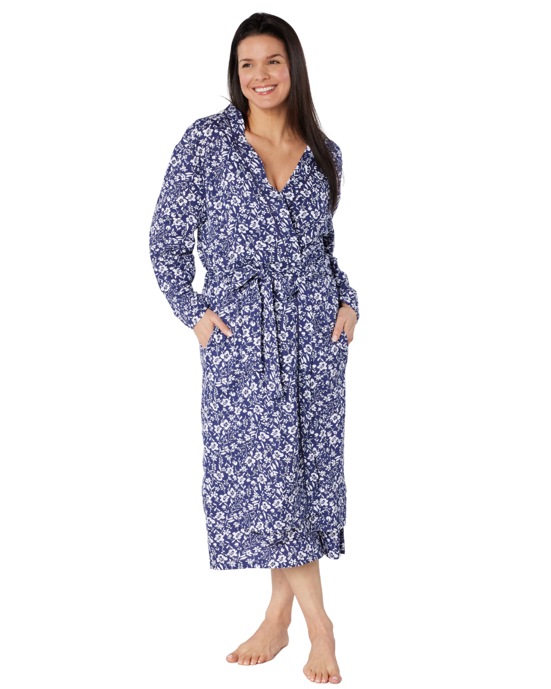 Women's Summer Meadow Print 100% Cotton Jersey Lightweight Wrap Dressing Gown with Pockets