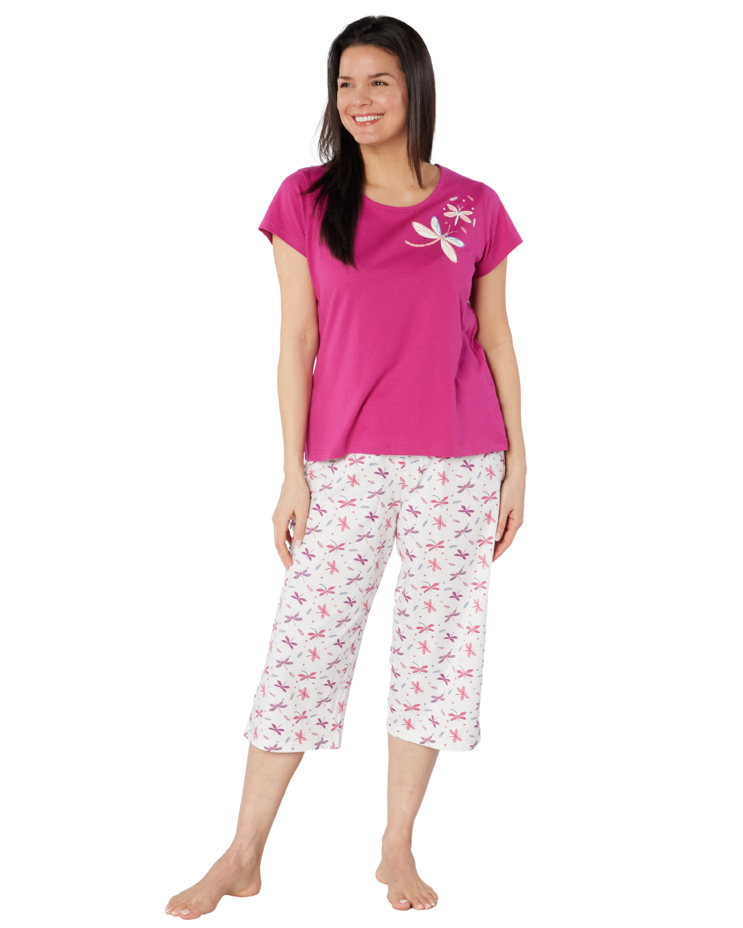 Women's Magenta Dragonfly 100% Cotton Short Sleeve Cropped Leg Pyjamas