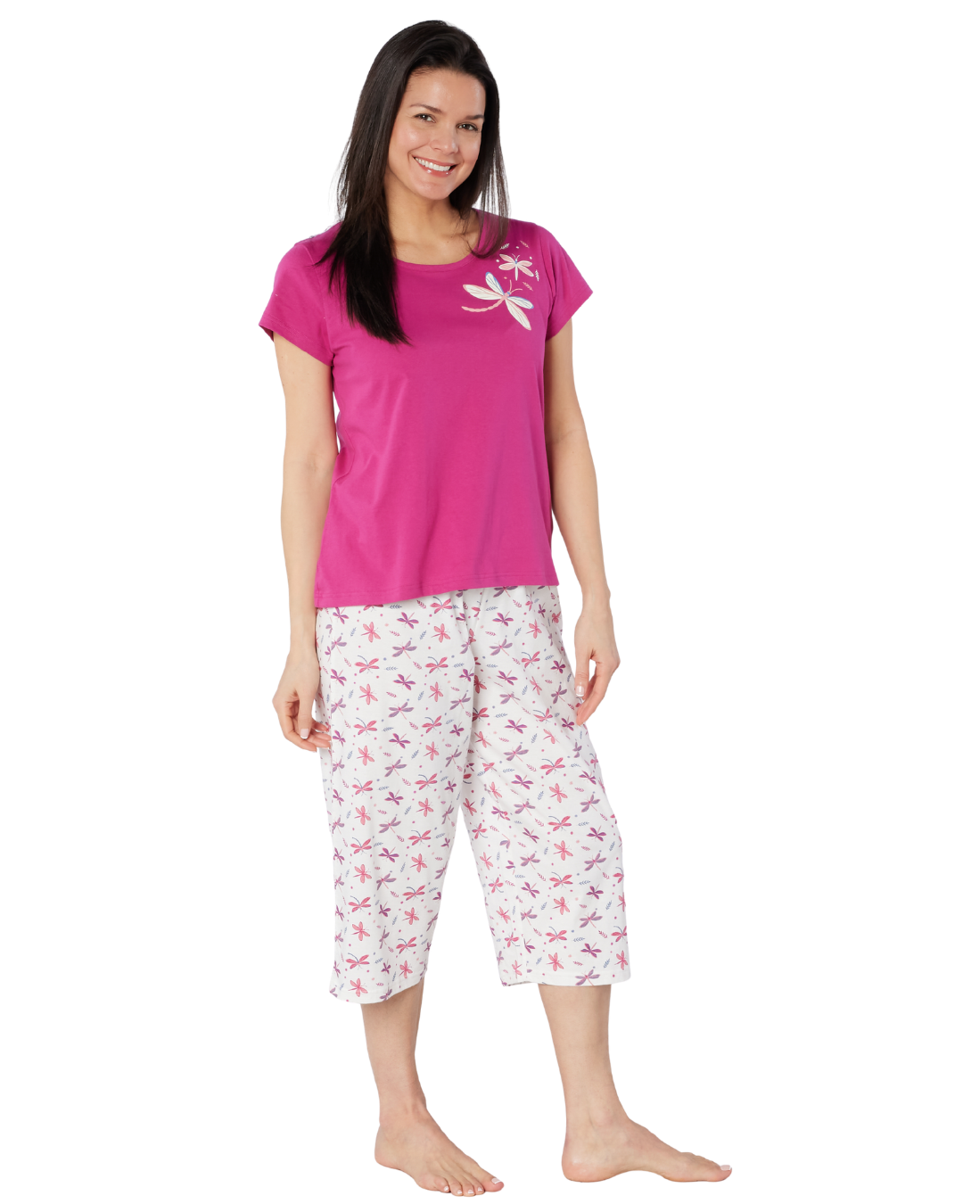 Women's Magenta Dragonfly 100% Cotton Short Sleeve Cropped Leg Pyjamas