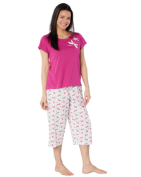 Women's Magenta Dragonfly 100% Cotton Short Sleeve Cropped Leg Pyjamas
