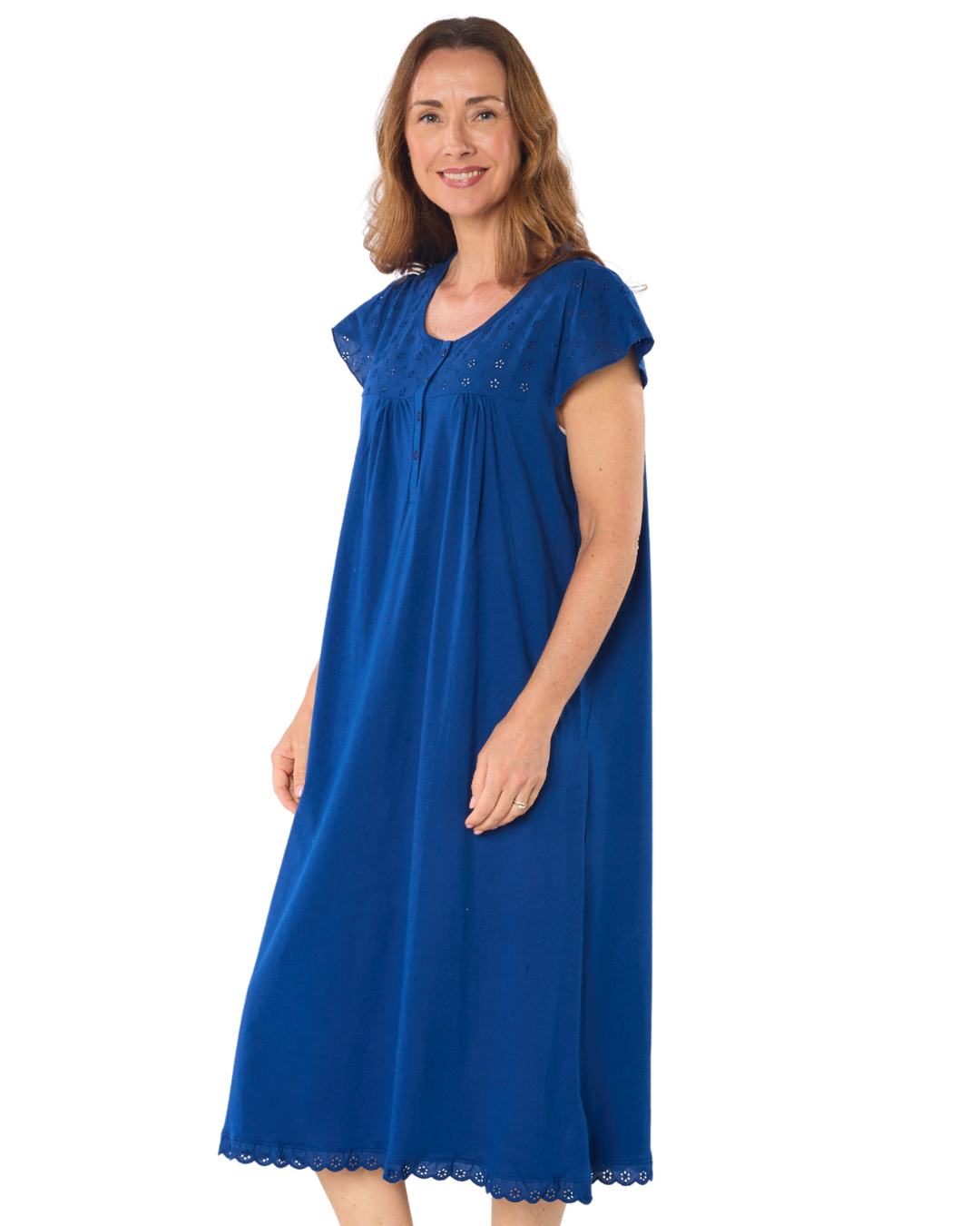 Women's 100% Jersey Cotton Short Sleeve Nightdress With Broderie Anglais Trim