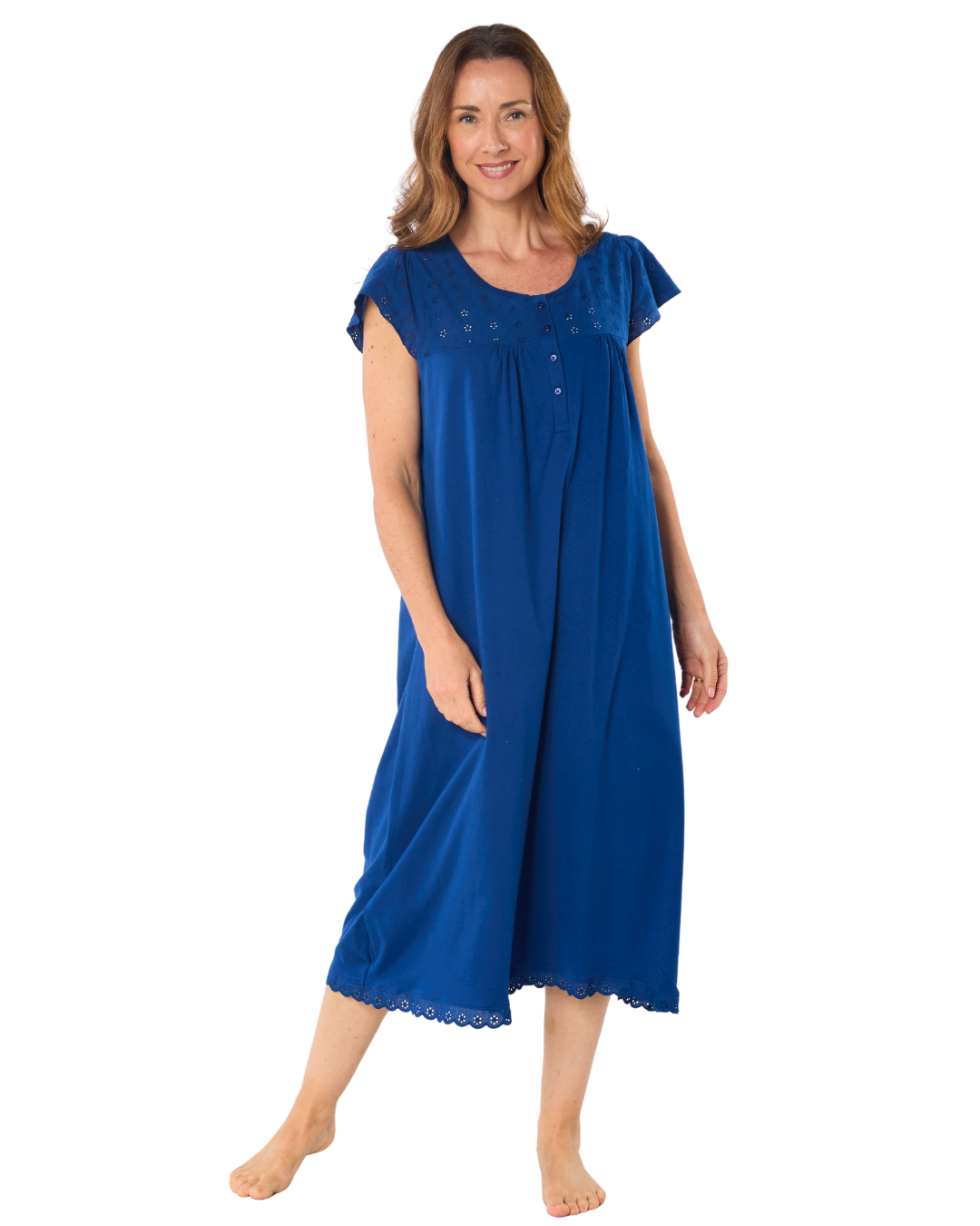 Women's 100% Jersey Cotton Short Sleeve Nightdress With Broderie Anglais Trim