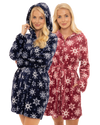 Women's Snowflake Fleece Zip & Tie Waist Hooded Short Dressing Gown wit Pockets