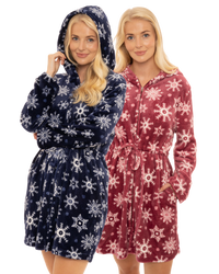 Women's Snowflake Fleece Zip & Tie Waist Hooded Short Dressing Gown wit Pockets
