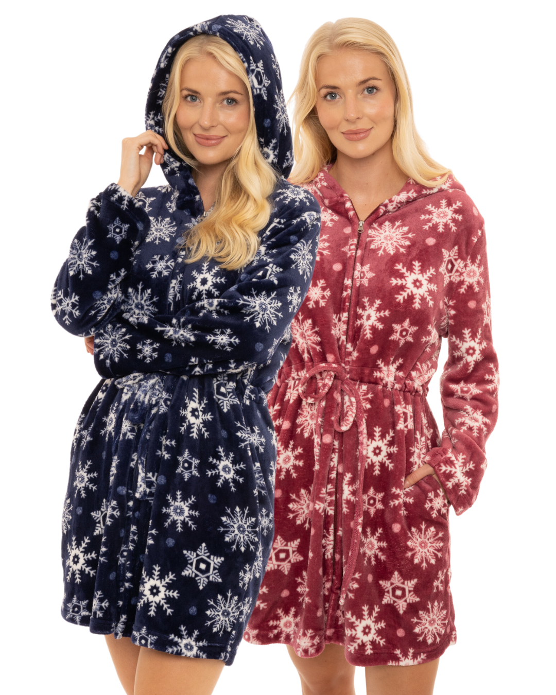 Women's Snowflake Fleece Zip & Tie Waist Hooded Short Dressing Gown wit Pockets