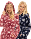 Women's Snowflake Fleece Zip & Tie Waist Hooded Short Dressing Gown wit Pockets