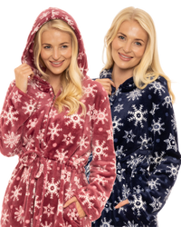 Women's Snowflake Fleece Zip & Tie Waist Hooded Short Dressing Gown wit Pockets