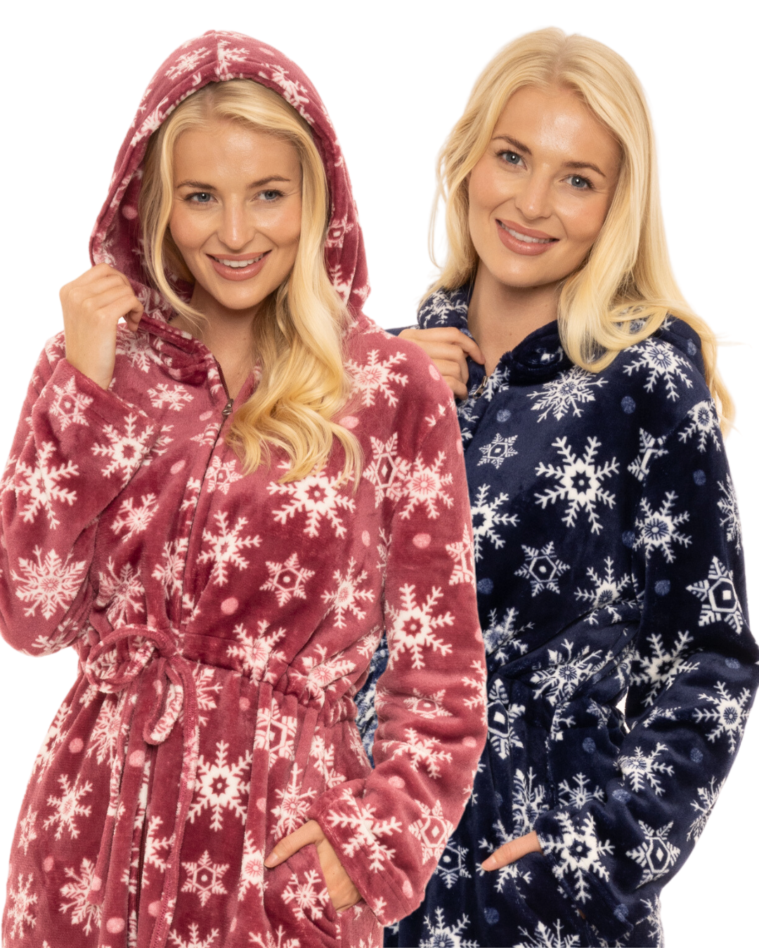Women's Snowflake Fleece Zip & Tie Waist Hooded Short Dressing Gown wit Pockets