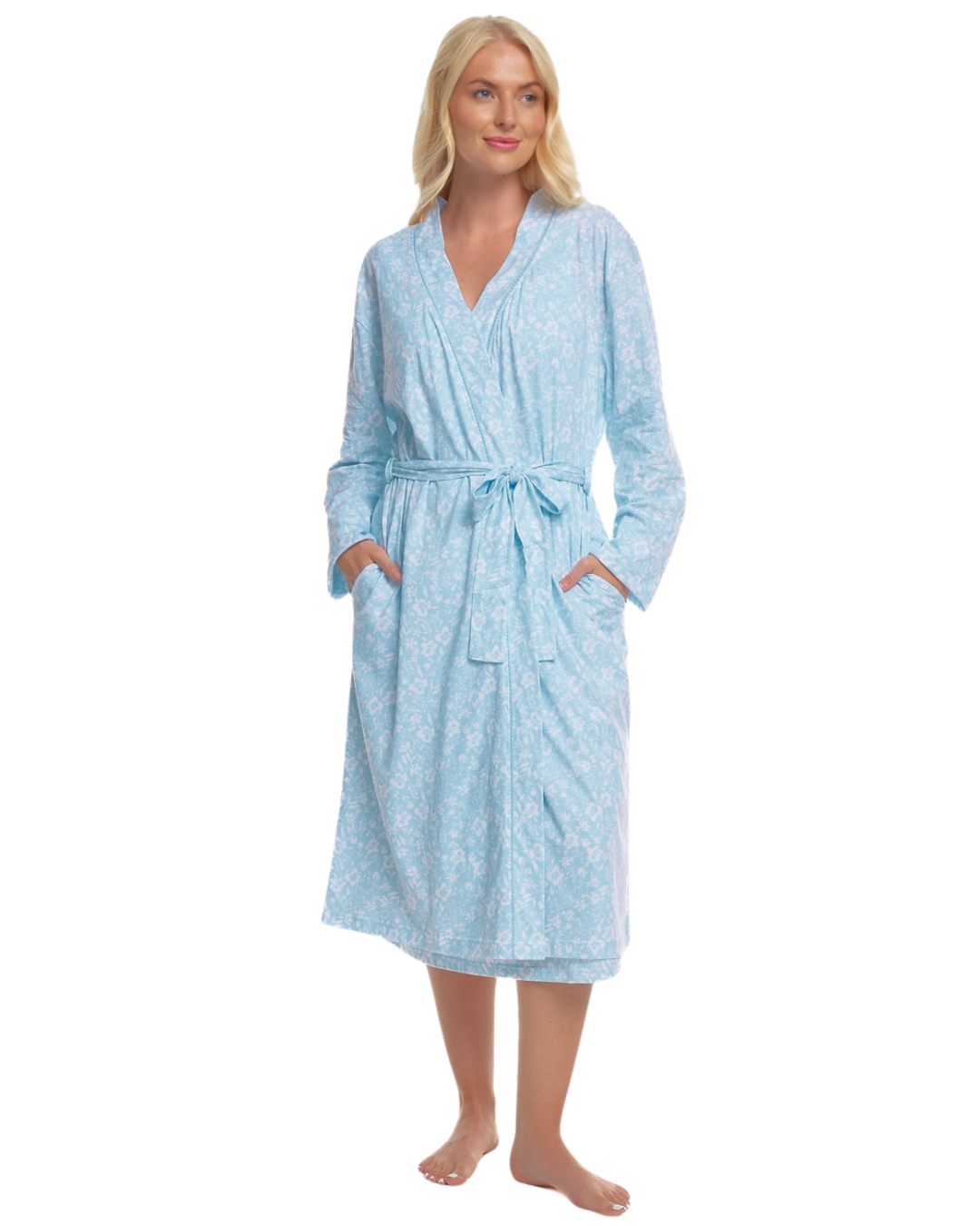 Women's Summer Meadow Print 100% Cotton Jersey Lightweight Wrap Dressing Gown with Pockets