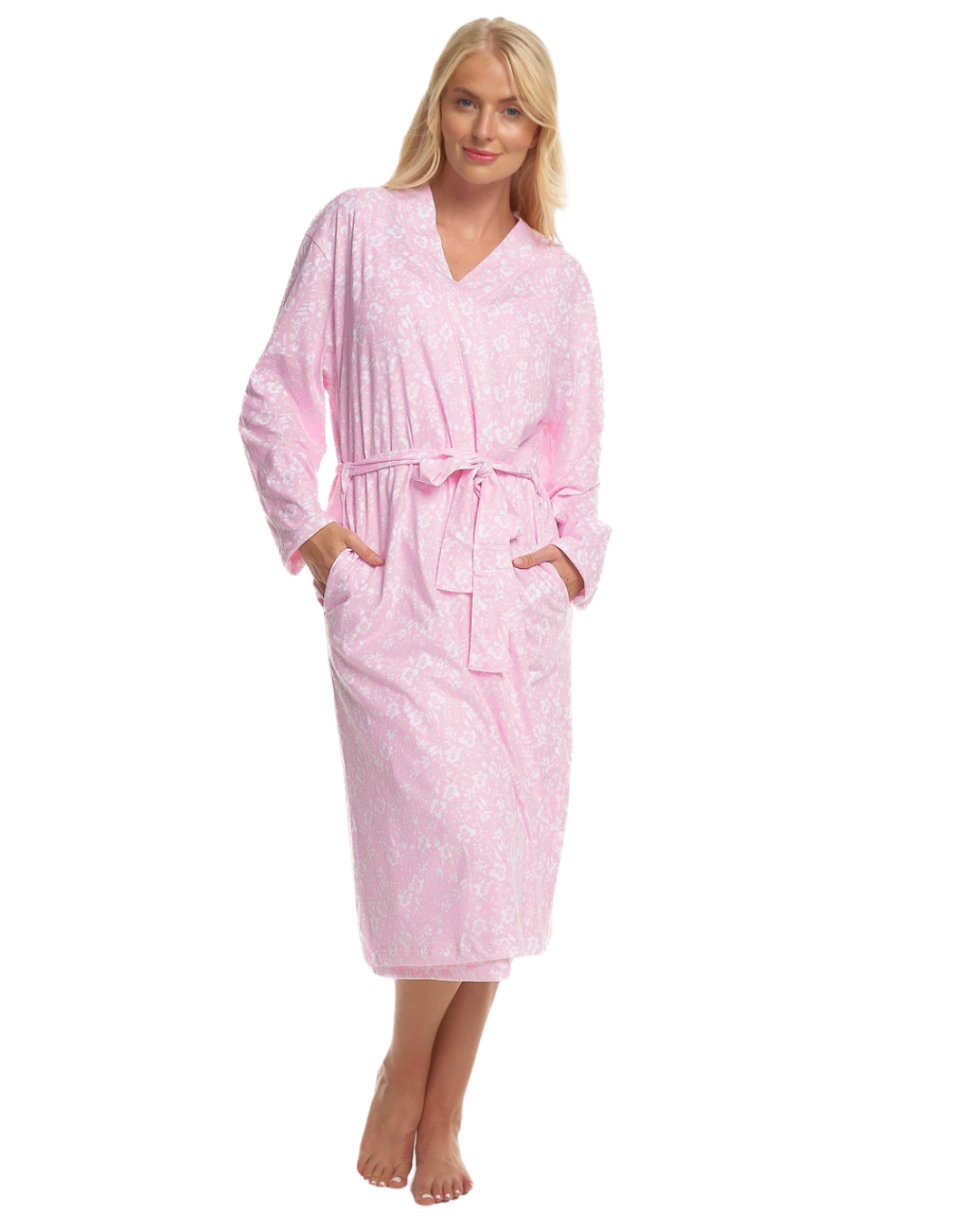 Women's Summer Meadow Print 100% Cotton Jersey Lightweight Wrap Dressing Gown with Pockets
