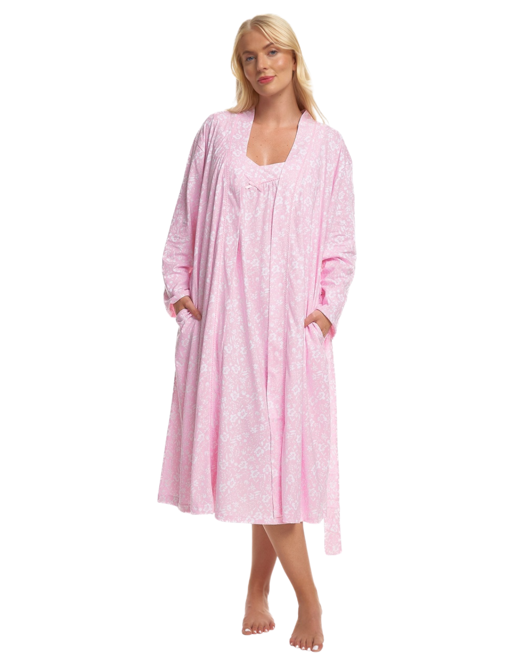 Women's Summer Meadow Print 100% Cotton Jersey Lightweight Wrap Dressing Gown with Pockets