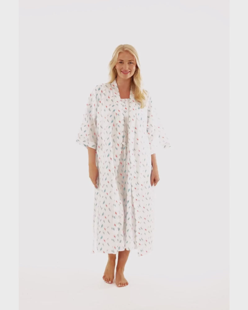 Women's Feather Print Lightweight Polycotton Wrap-over Dressing Gown