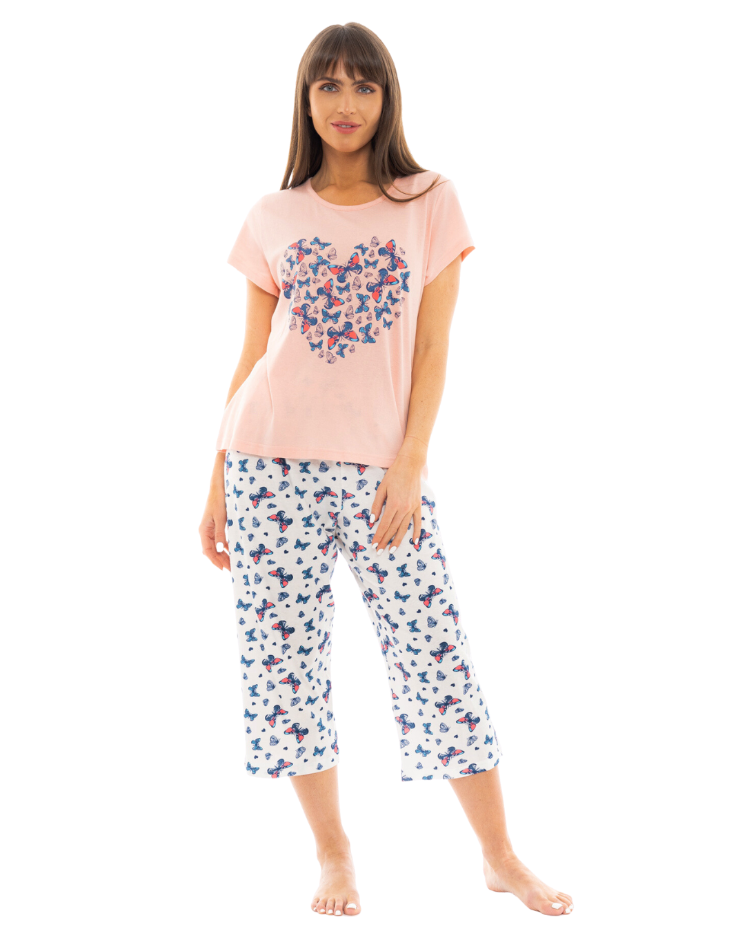 Coral Butterfly 100% Cotton Short Sleeved Cropped Leg Pyjamas