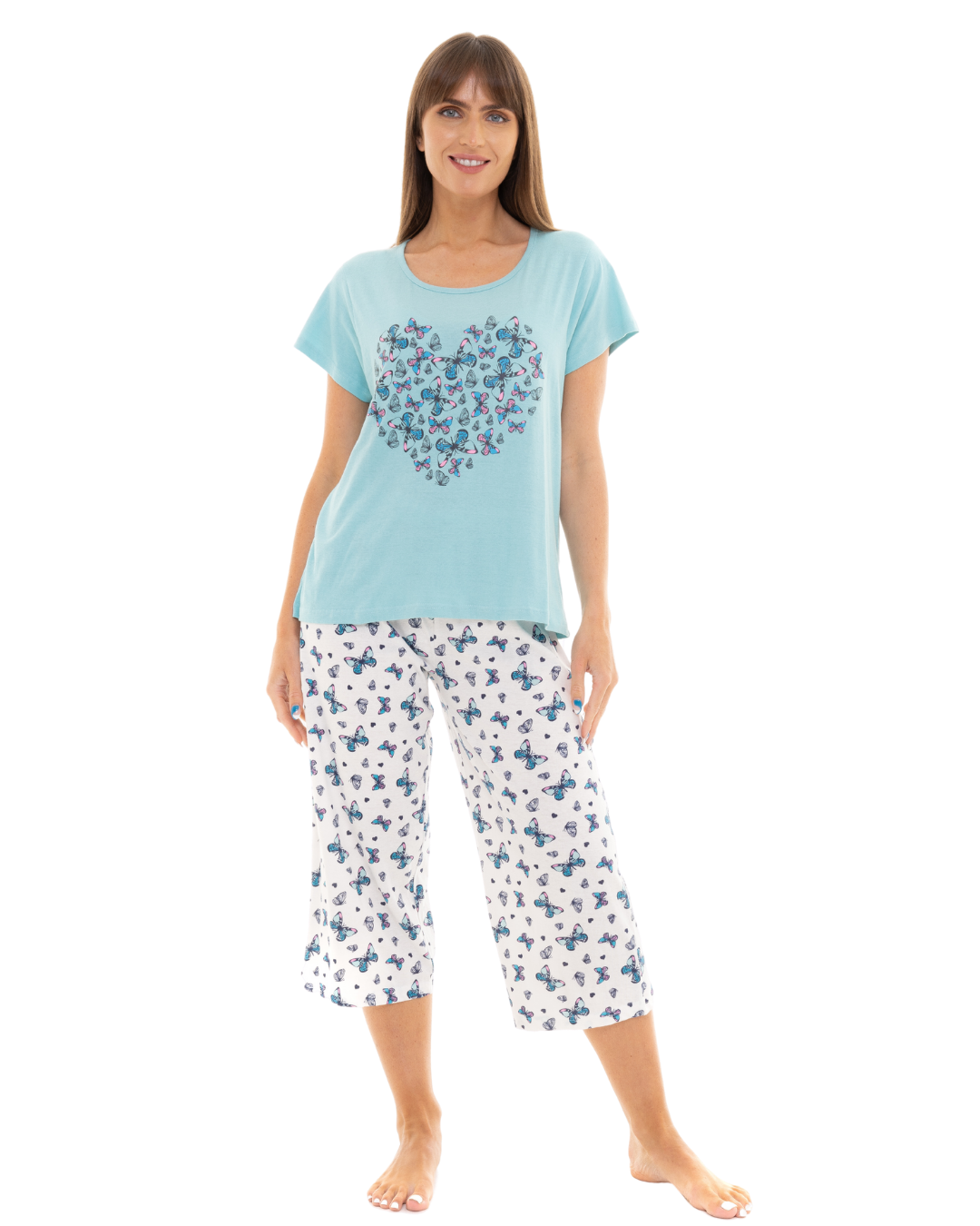 Women's Duck Egg Butterfly 100% Cotton Short Sleeved Cropped Leg Pyjamas
