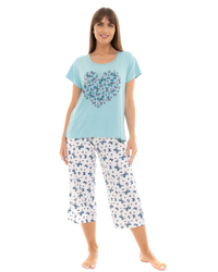 Women's Duck Egg Butterfly 100% Cotton Short Sleeved Cropped Leg Pyjamas
