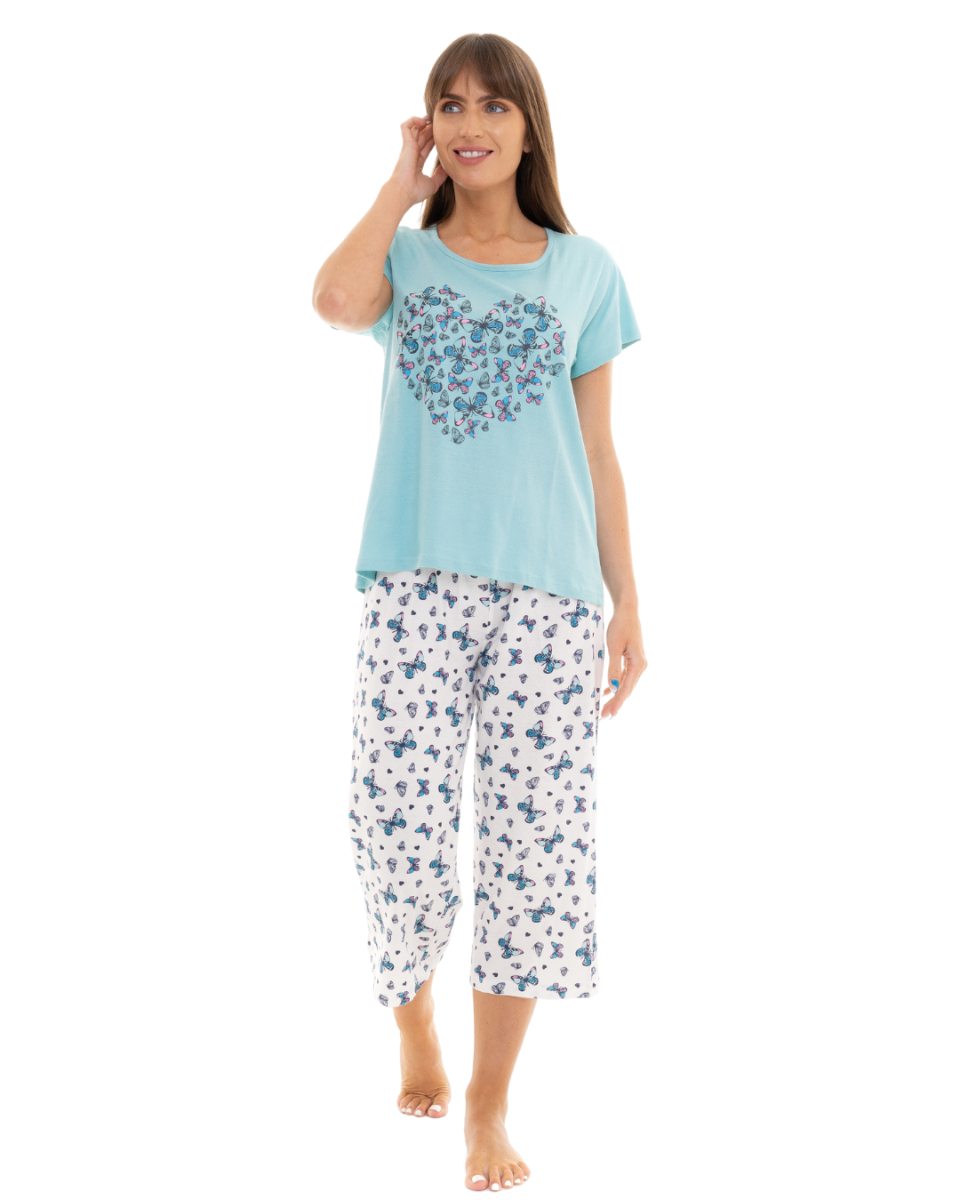 Women's Duck Egg Butterfly 100% Cotton Short Sleeved Cropped Leg Pyjamas