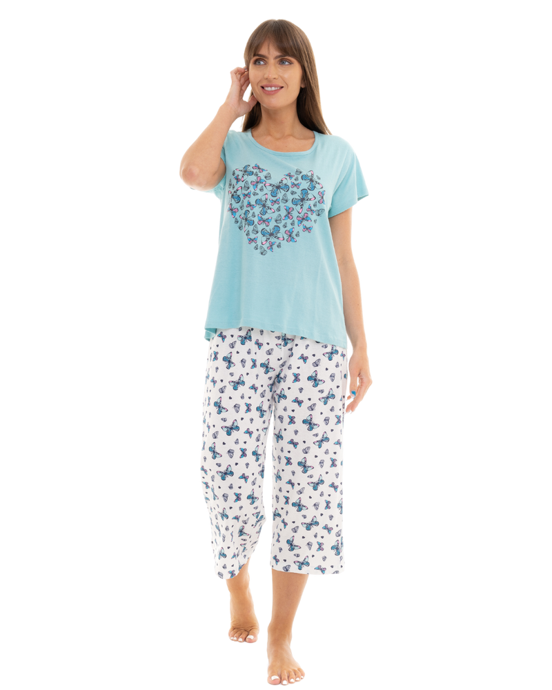 Women's Duck Egg Butterfly 100% Cotton Short Sleeved Cropped Leg Pyjamas