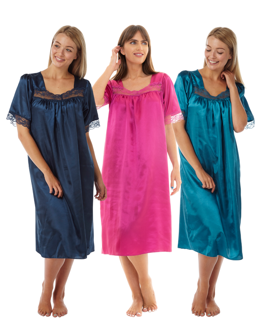 Short Sleeved Lace Trim Satin Nightdress