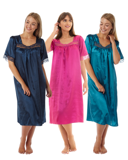 Short Sleeved Lace Trim Satin Nightdress