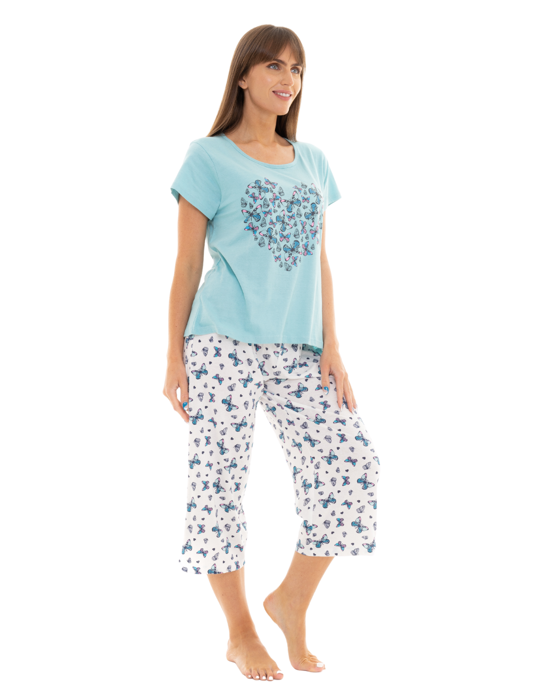 Women's Duck Egg Butterfly 100% Cotton Short Sleeved Cropped Leg Pyjamas