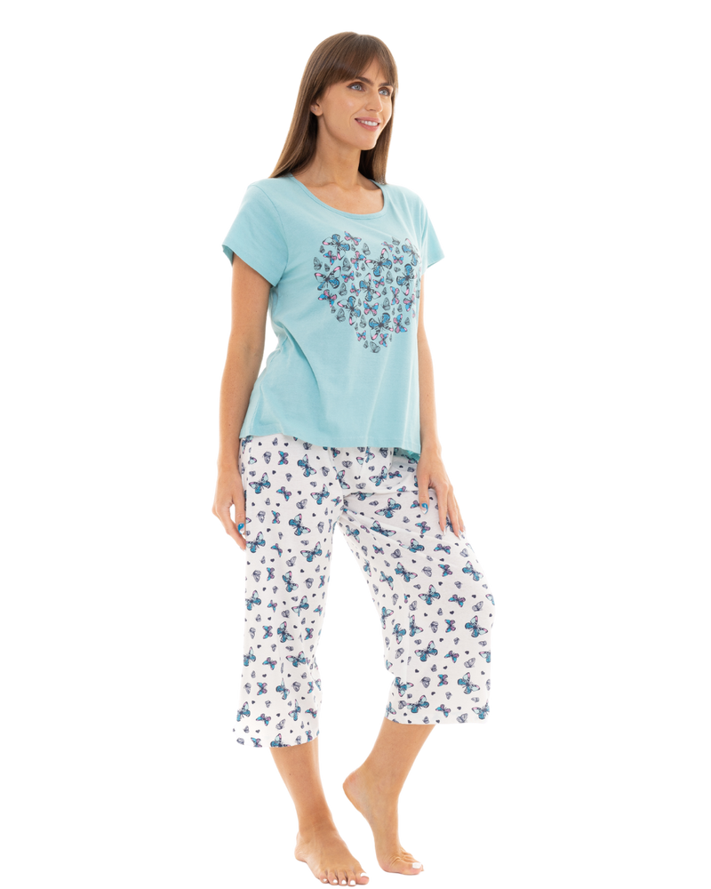 Women's Duck Egg Butterfly 100% Cotton Short Sleeved Cropped Leg Pyjamas
