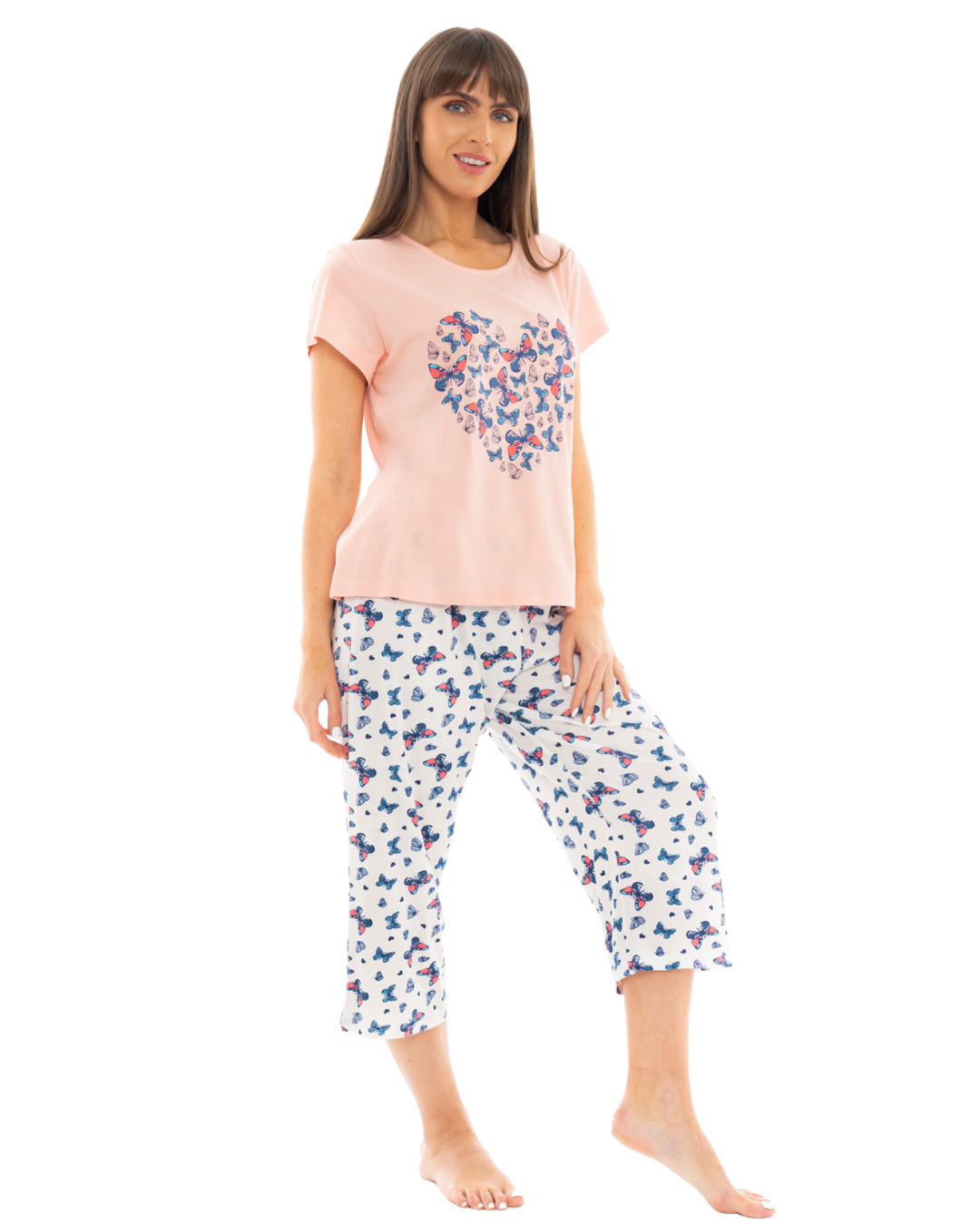 Coral Butterfly 100% Cotton Short Sleeved Cropped Leg Pyjamas