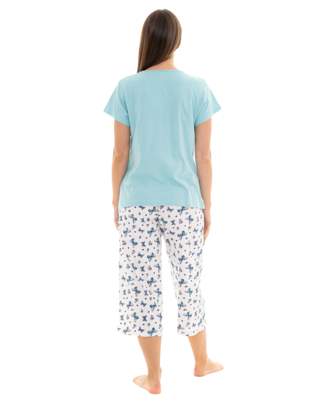 Women's Duck Egg Butterfly 100% Cotton Short Sleeved Cropped Leg Pyjamas