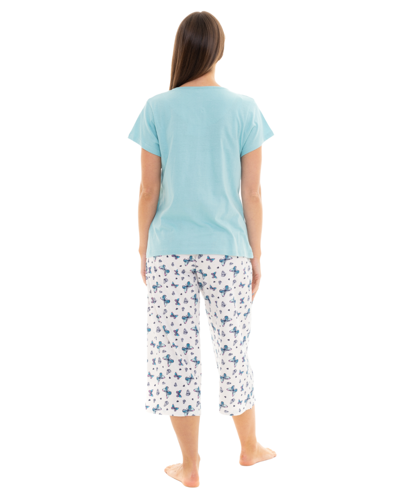Women's Duck Egg Butterfly 100% Cotton Short Sleeved Cropped Leg Pyjamas