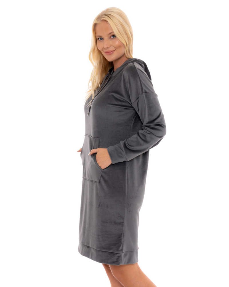Women's Velour Long Sleeve Hooded Lounger Nightshirt