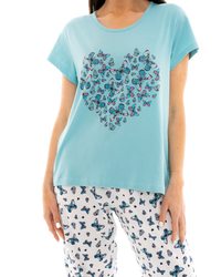 Women's Duck Egg Butterfly 100% Cotton Short Sleeved Cropped Leg Pyjamas