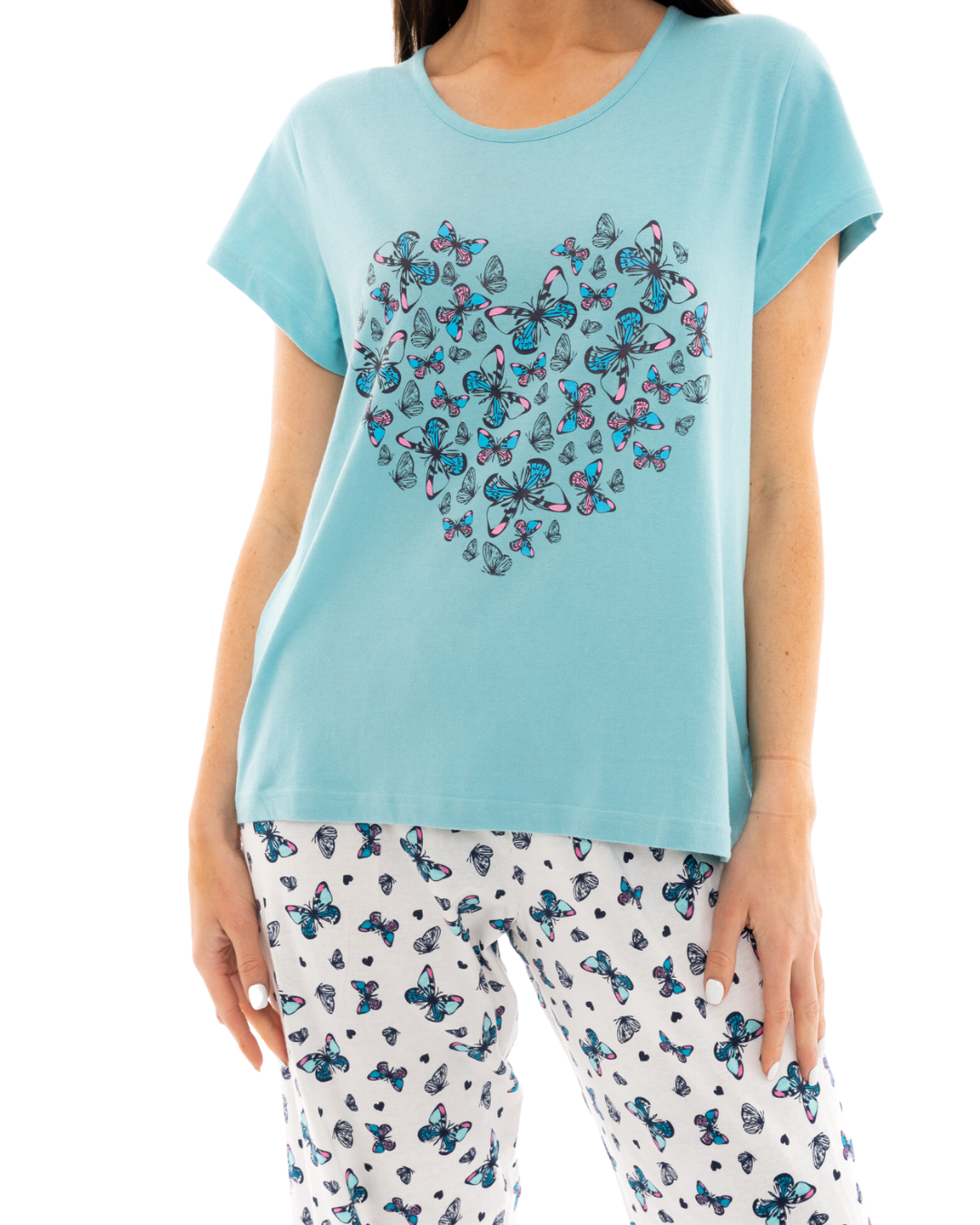 Women's Duck Egg Butterfly 100% Cotton Short Sleeved Cropped Leg Pyjamas